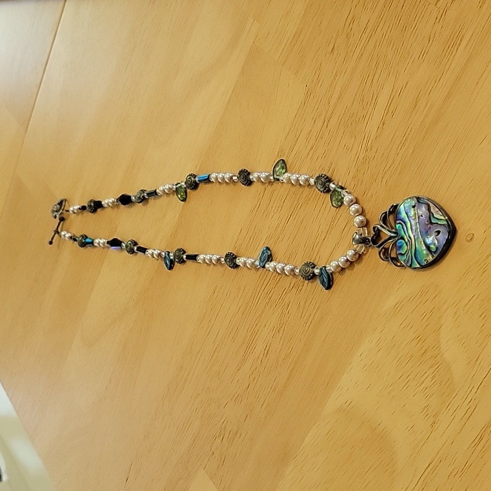 Necklace Abolene Blue Green Heart Pendant with Faux Pearl's and beads.